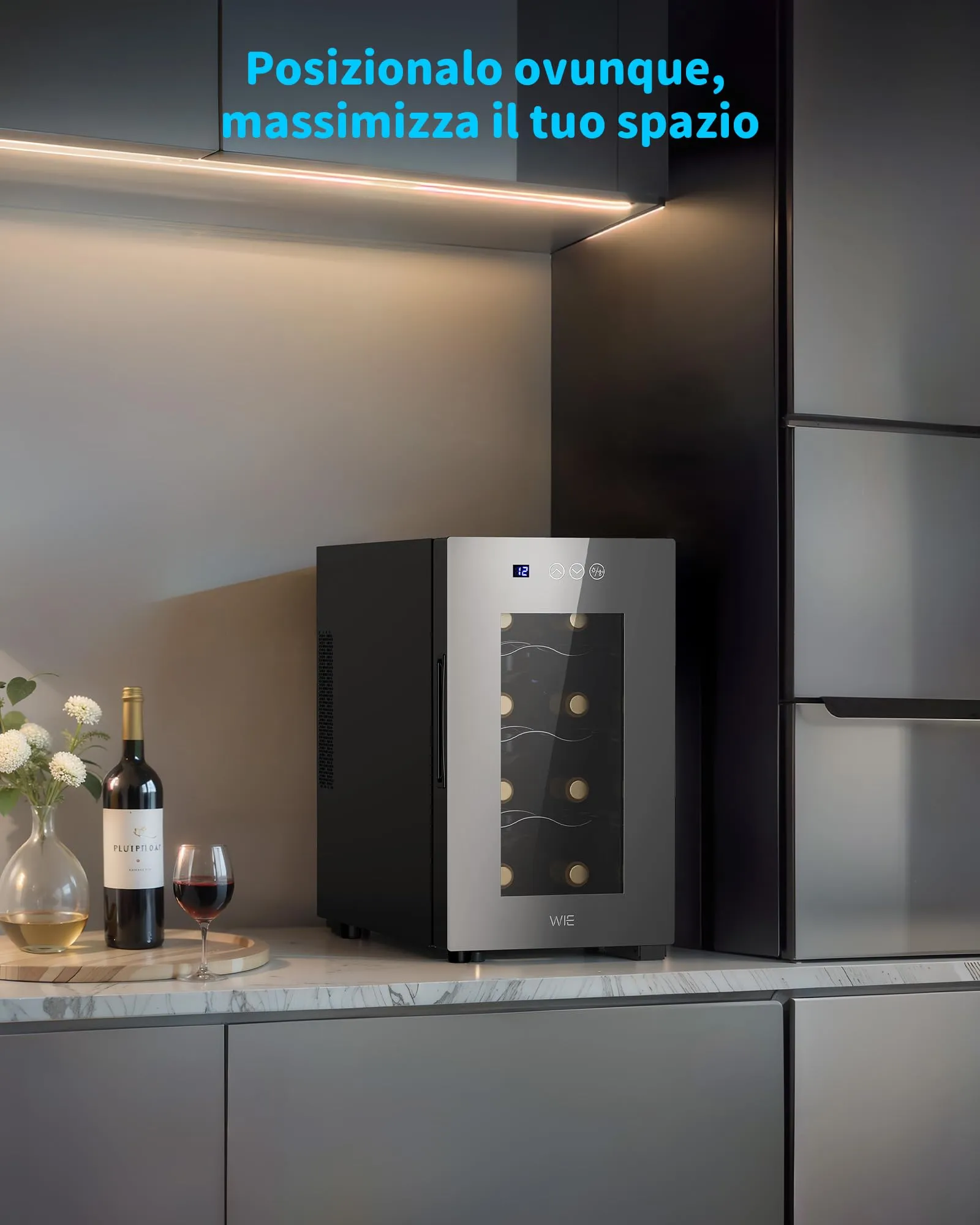 WIE Cantinetta Vino 8 Bottiglie, Raffreddamento Termoelettrico, Cantinetta Vino Refrigerata con Controllo touchscreen, Porta in Vetro a Specchio, Ripiani Regolabili, Luce LED, Muto, 5-18℃ - immagine 9