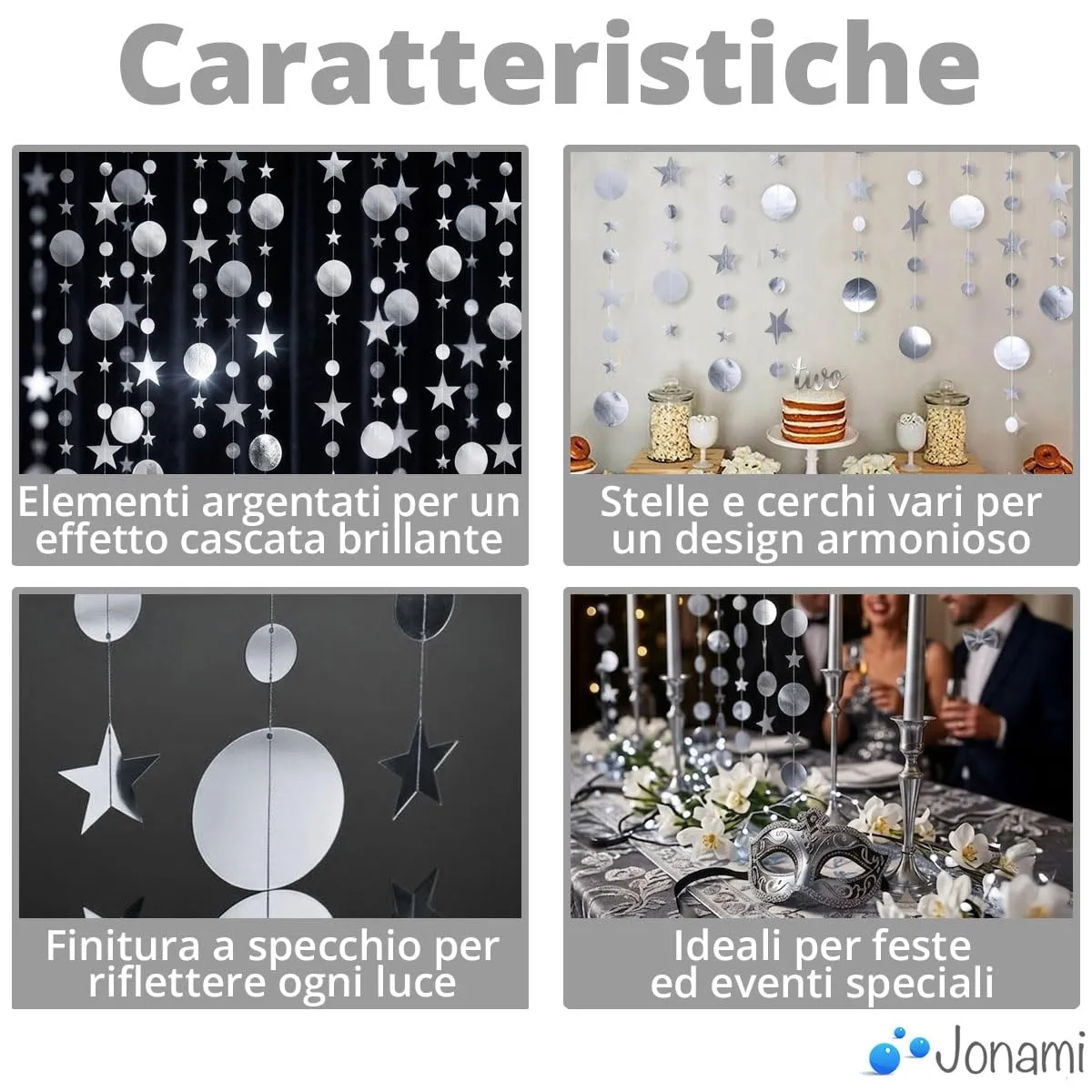 Ghirlanda Stelle e Puntini D'Argento, 16 Metri, Festoni Argento per Anno nuovo. Decorazione Capodanno, Compleanno, Fine Anno e San Silvestro - immagine 3