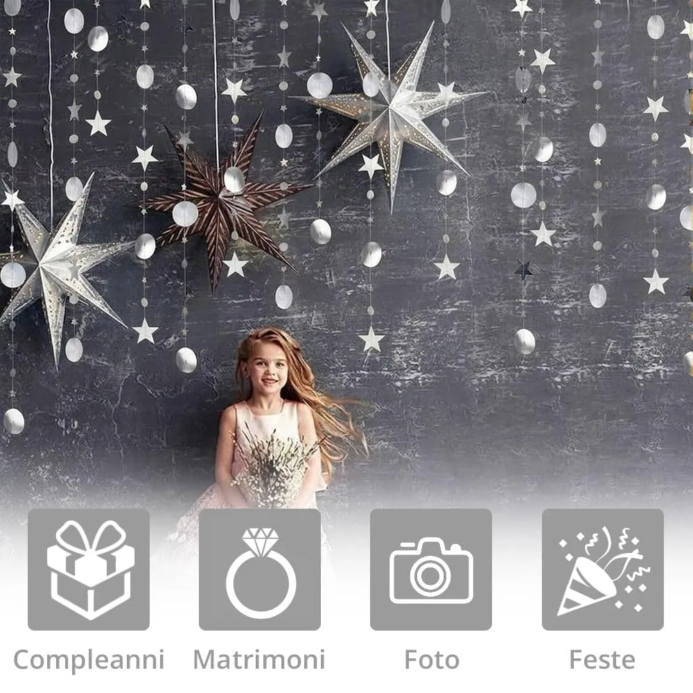 Ghirlanda Stelle e Puntini D'Argento, 16 Metri, Festoni Argento per Anno nuovo. Decorazione Capodanno, Compleanno, Fine Anno e San Silvestro - immagine 4