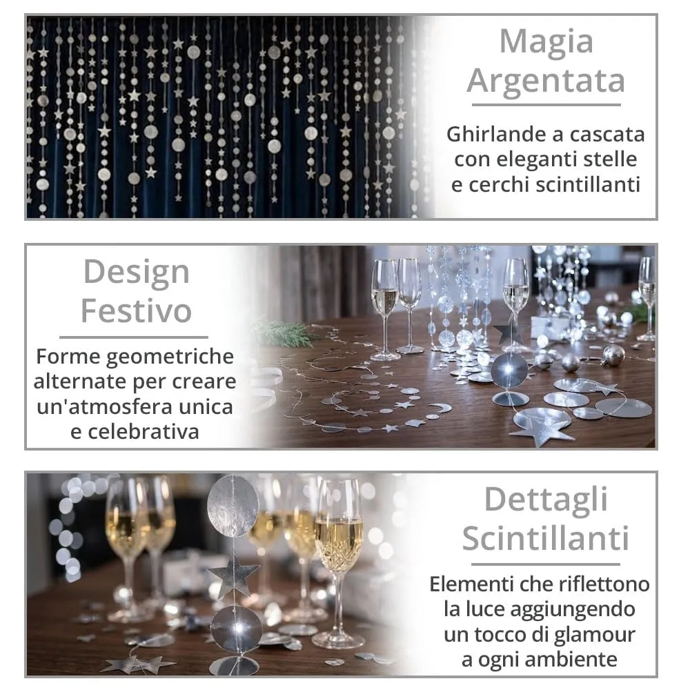 Ghirlanda Stelle e Puntini D'Argento, 16 Metri, Festoni Argento per Anno nuovo. Decorazione Capodanno, Compleanno, Fine Anno e San Silvestro - immagine 5
