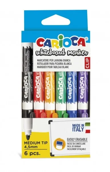 Carioca Confezione da 6 pennarelli per lavagna bianca - Punta da 45 mm - Cappuccio a clip - Facili da cancellare e ad asciugatura rapida - Colori assortiti - immagine 1