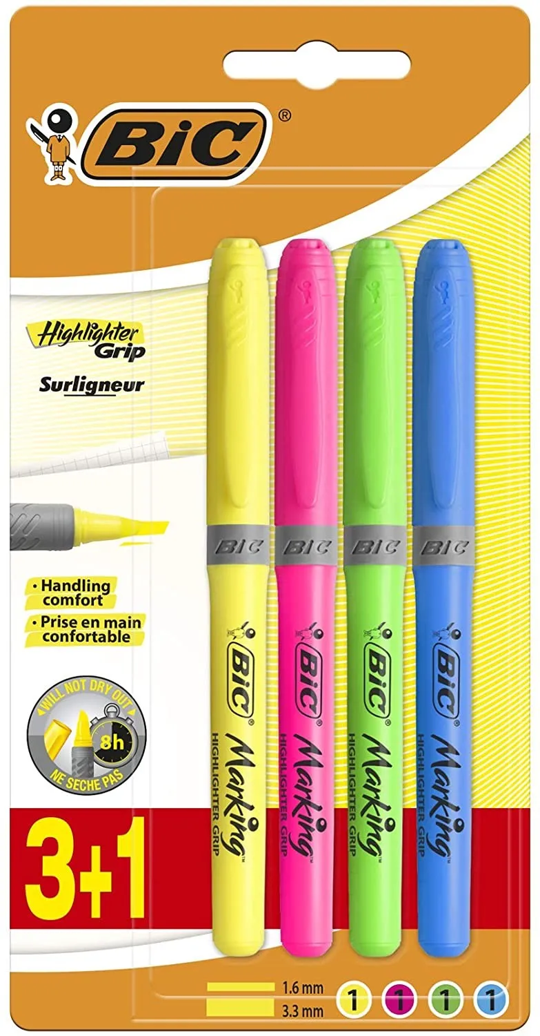 Bic Highlighter Grip Confezione da 4 Pennarelli Fluorescenti - Inchiostro a Base Acqua - Punta a Scalpello - Tratto tra 160 e 330 mm - Colori Assortiti - immagine 1