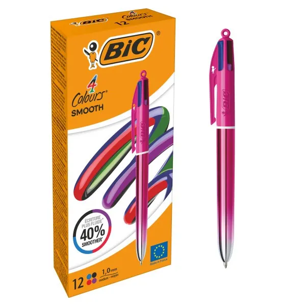 Penna a sfera retrattile Bic 4 colori con sfumatura rosa liscia - Punta media da 10 mm - Scrittura più fluida del 40% - 4 colori di inchiostro - immagine 1