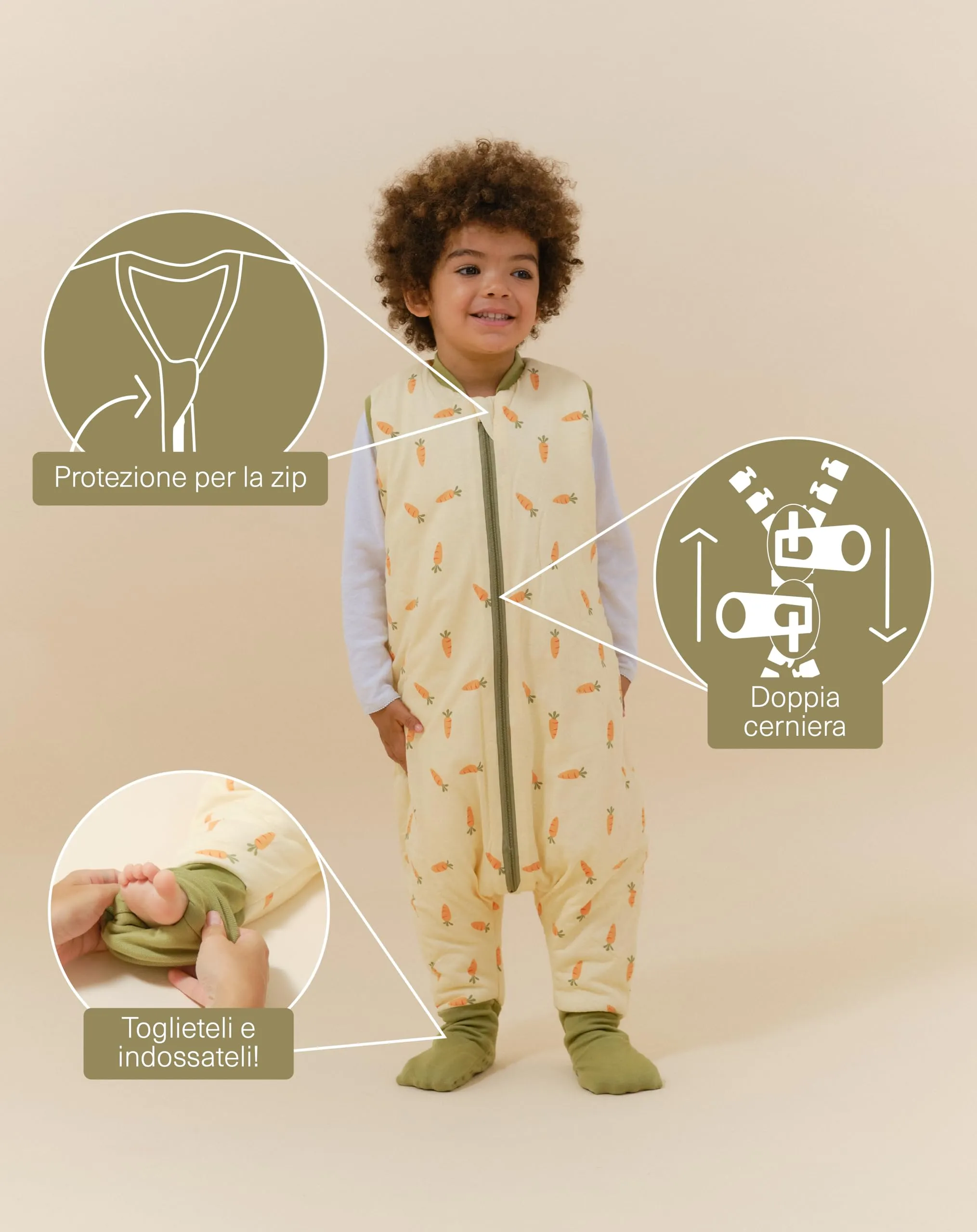 molis&co - Sacco Nanna con piedini e calzini - Sacco nanna invernale per Bambini - Sacchi Nanna 2.5 tog con piedini - 100% Cotone (Oeko-TEX 100) (Carrots, 1 anno) - immagine 3
