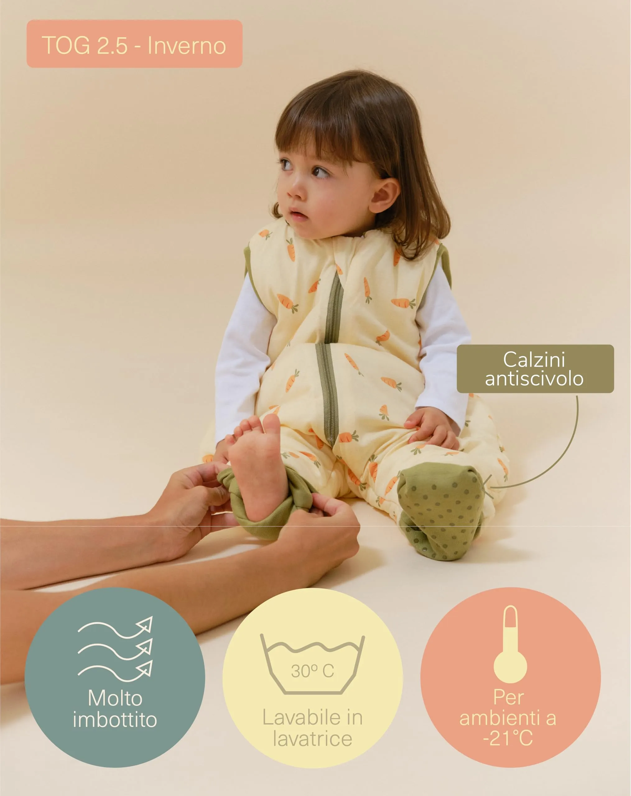 molis&co - Sacco Nanna con piedini e calzini - Sacco nanna invernale per Bambini - Sacchi Nanna 2.5 tog con piedini - 100% Cotone (Oeko-TEX 100) (Carrots, 1 anno) - immagine 4