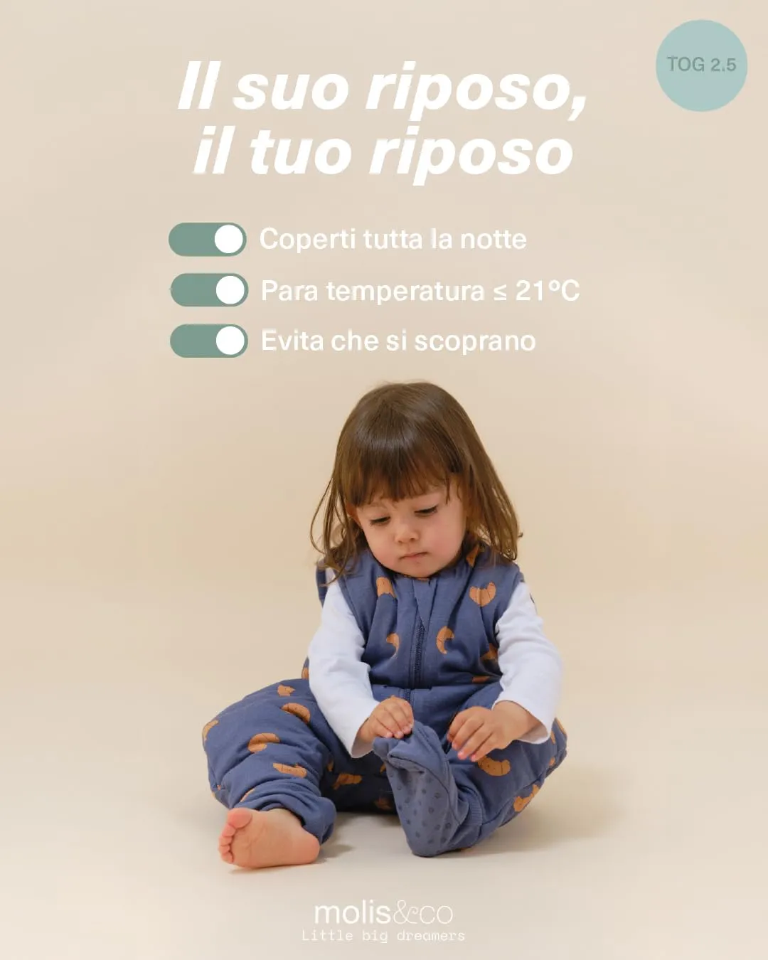 molis&co - Sacco Nanna con piedini e calzini - Sacco nanna invernale per Bambini - Sacchi Nanna 2.5 tog con piedini - 100% Cotone (Oeko-TEX 100) (Croissants, 2 anni) - immagine 5
