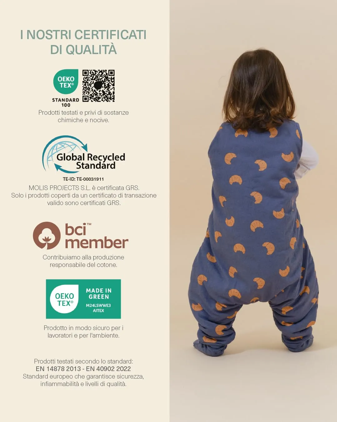 molis&co - Sacco Nanna con piedini e calzini - Sacco nanna invernale per Bambini - Sacchi Nanna 2.5 tog con piedini - 100% Cotone (Oeko-TEX 100) (Croissants, 2 anni) - immagine 7