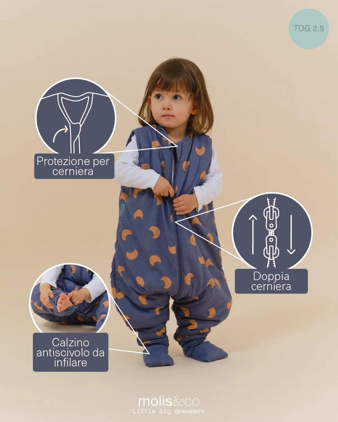 molis&co - Sacco Nanna con piedini e calzini - Sacco nanna invernale per Bambini - Sacchi Nanna 2.5 tog con piedini - 100% Cotone (Oeko-TEX 100) (Croissants, 1 anno) - immagine 3