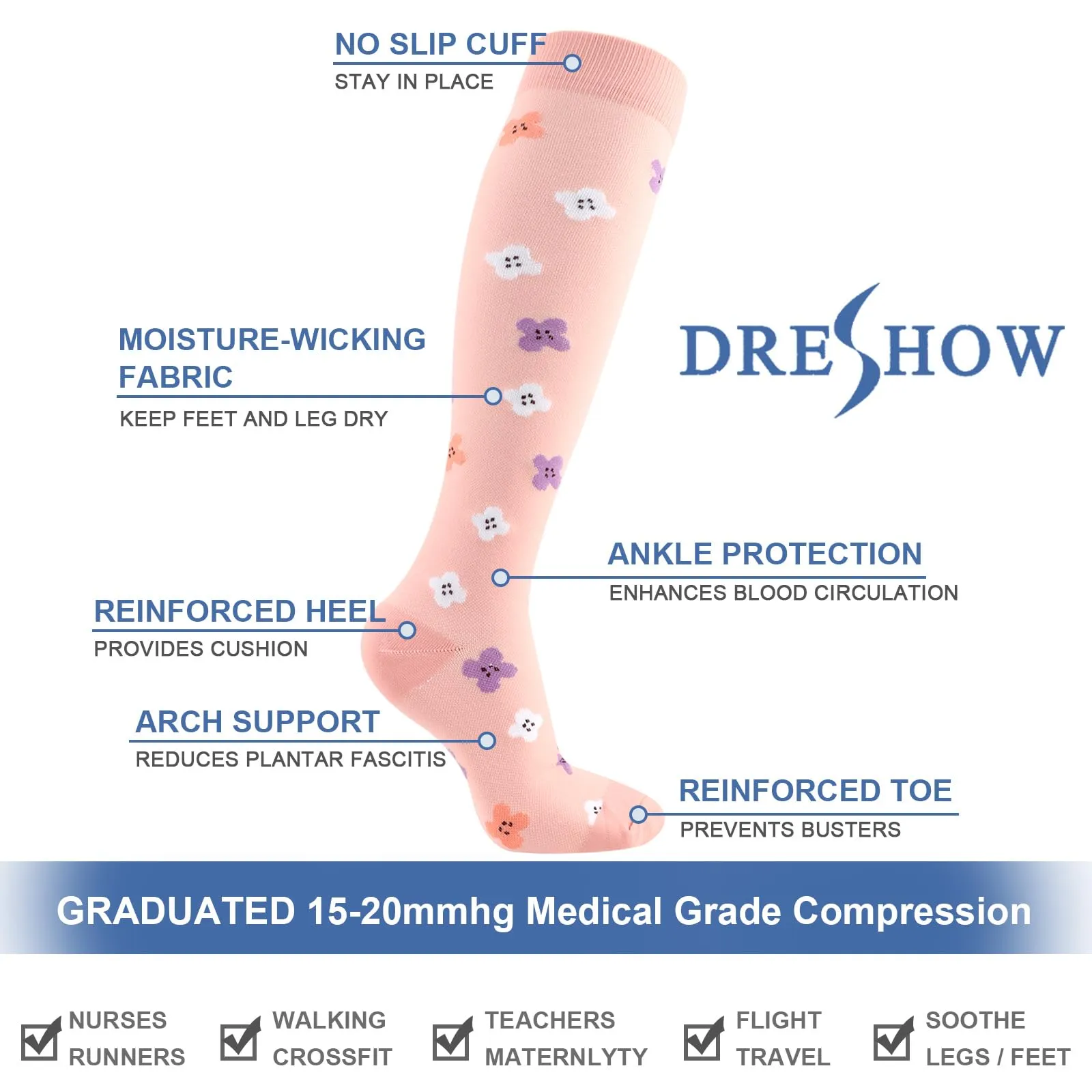 DRESHOW 4 Paia Calze a Compressione per Donna e Uomo Circolazione Miglior Supporto Alla per Atletica,Corsa,Ciclismo,Viaggi - immagine 5
