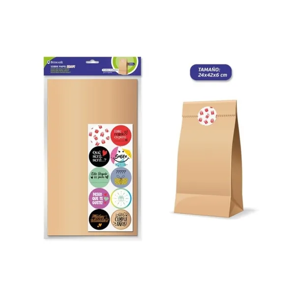 Confezione da 10 buste in carta kraft Bismark da 50 g/m² con 10 adesivi di chiusura - Dimensioni: 24x42x6 cm - Ideali per regali - Marrone kraft - immagine 1