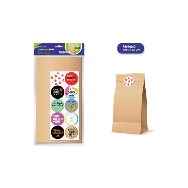 Confezione da 10 buste in carta kraft Bismark da 50 g/m² con 10 adesivi di chiusura - Dimensioni: 19x36x6 cm - Ideali per regali - Marrone kraft - immagine 1