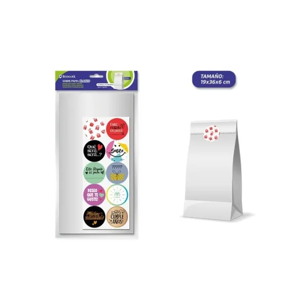 Confezione da 10 buste in carta kraft Bismark da 50 g/m² con 10 adesivi di chiusura - Dimensioni: 19x36x6 cm - Ideali per regali - Colore: Bianco - immagine 1