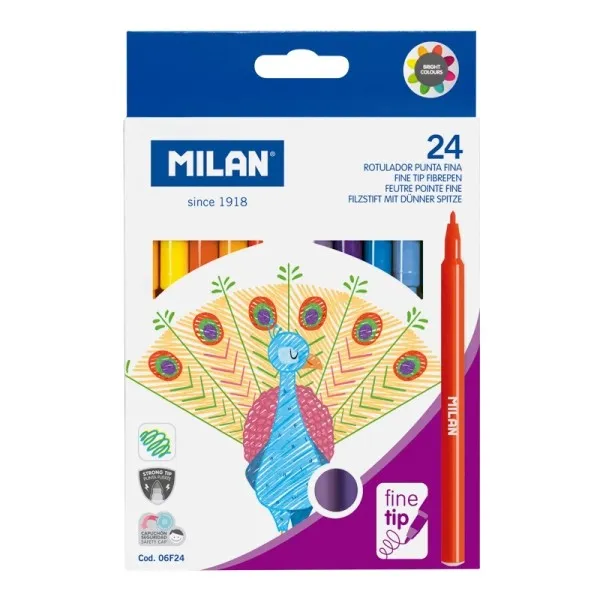Pennarelli Milan confezione da 24 - Inchiostro a base d'acqua - Punta fine da 2 mm - 154 mm - Colori assortiti - immagine 1