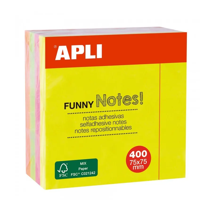 Apli Funny Cubo da 400 Note Adesive 75 x 75 mm - Colori Assortiti Fluo - immagine 1