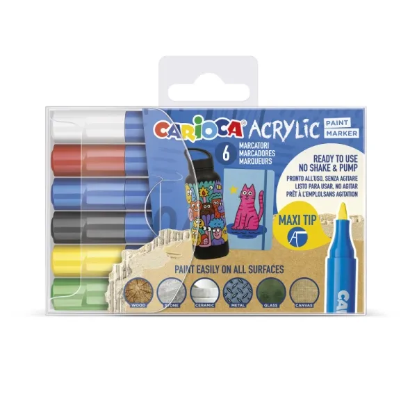 Confezione da 6 pennarelli acrilici Carioca - Punta maxi - Inchiostro a base d'acqua - Alta copertura - Colori assortiti - immagine 1