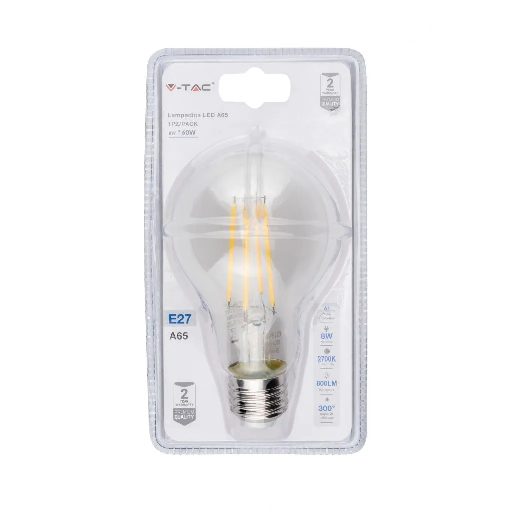 V-TAC Lampadina LED E27 8W A65 Filamento 2700K (Blister 1 Pezzo) - immagine 1