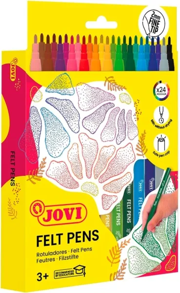 Pennarelli Jovi confezione da 24 - Punta da 2 mm - Tratto fine - Ampia varietà di colori - Inchiostro ad alta tenuta - Cappuccio di sicurezza ventilato - Colori assortiti - immagine 1