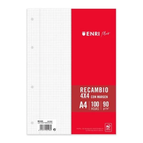 Enri Plus Ricarica Formato A4 - Quadrato 4x4mm 4 Fori - 100 Fogli 90gr con Margine - immagine 1