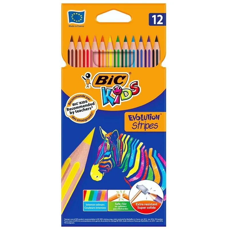 Bic Kids Evolution Stripes Confezione da 12 Matite Colorate Assortite - Realizzate in Resina - Punta Ultraresistente - Mina Pigmentata 320 mm - Nuova Formula - immagine 1