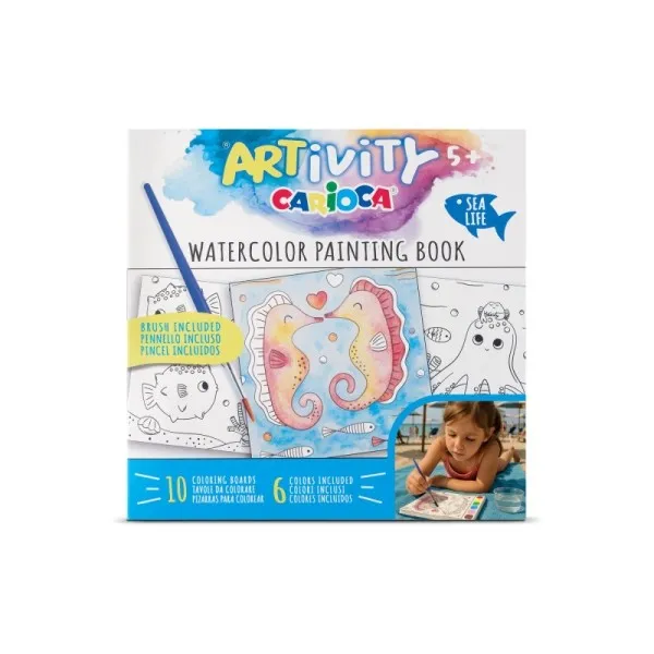 Libro da colorare Carioca Artivity Sea Life con acquerelli - Ogni pagina contiene una tavolozza con 6 colori ad acquerello - Pennello incluso - immagine 1