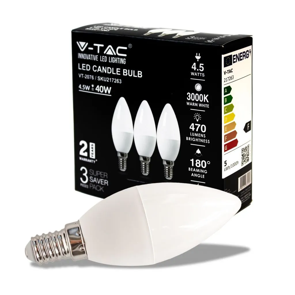 V-TAC Lampadina LED E14 45W Candela 3000K (Box 3 Pezzi) - immagine 1
