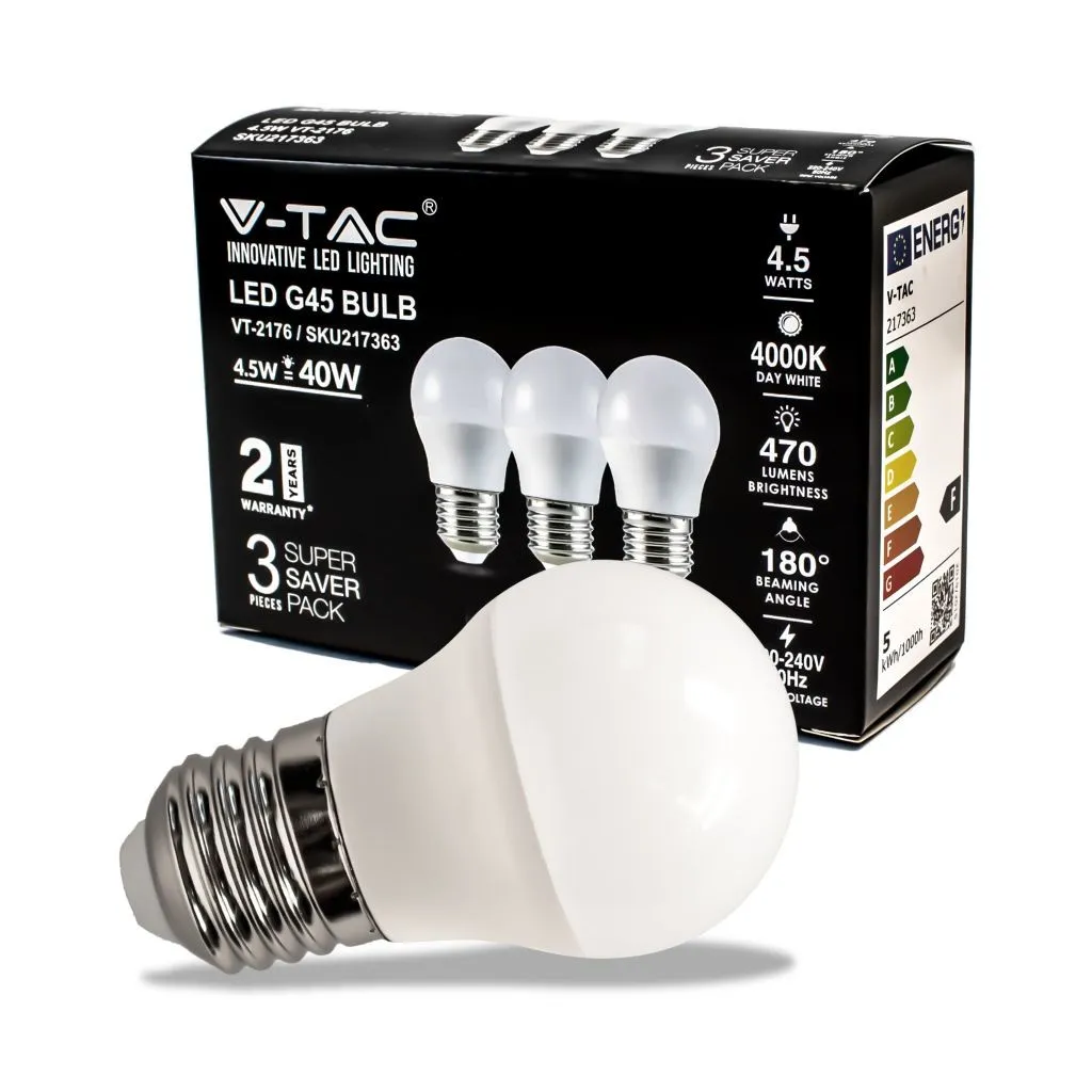 V-TAC Lampadina LED E27 45W G45 4000K (Box 3 pezzi) - immagine 1