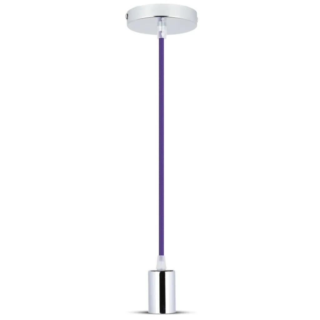 V-TAC Lampadario LED a Cilindro in Metallo con Portalampada E27 (Max 60W) Colore Cromato e Cavo Viola - immagine 1