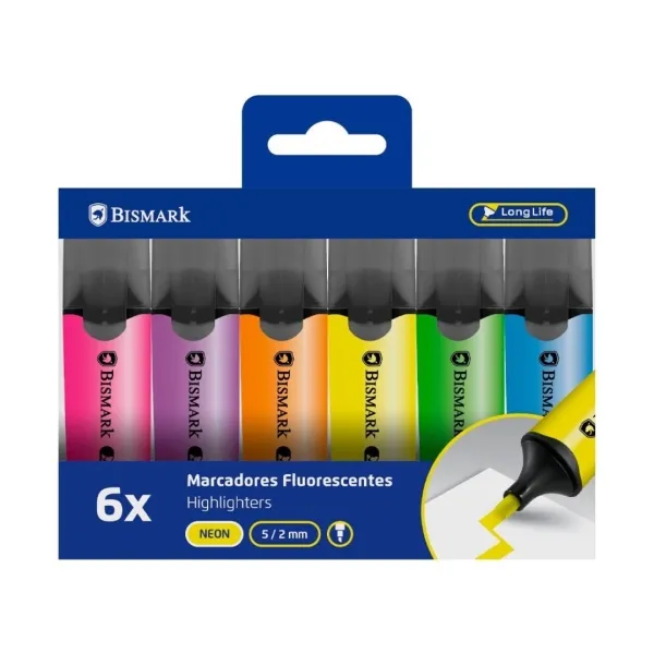 Confezione da 6 pennarelli fluorescenti Bismark - Punta smussata da 2 a 5 mm circa - Inchiostro a base d'acqua - Lunga durata - Colori neon assortiti - immagine 1