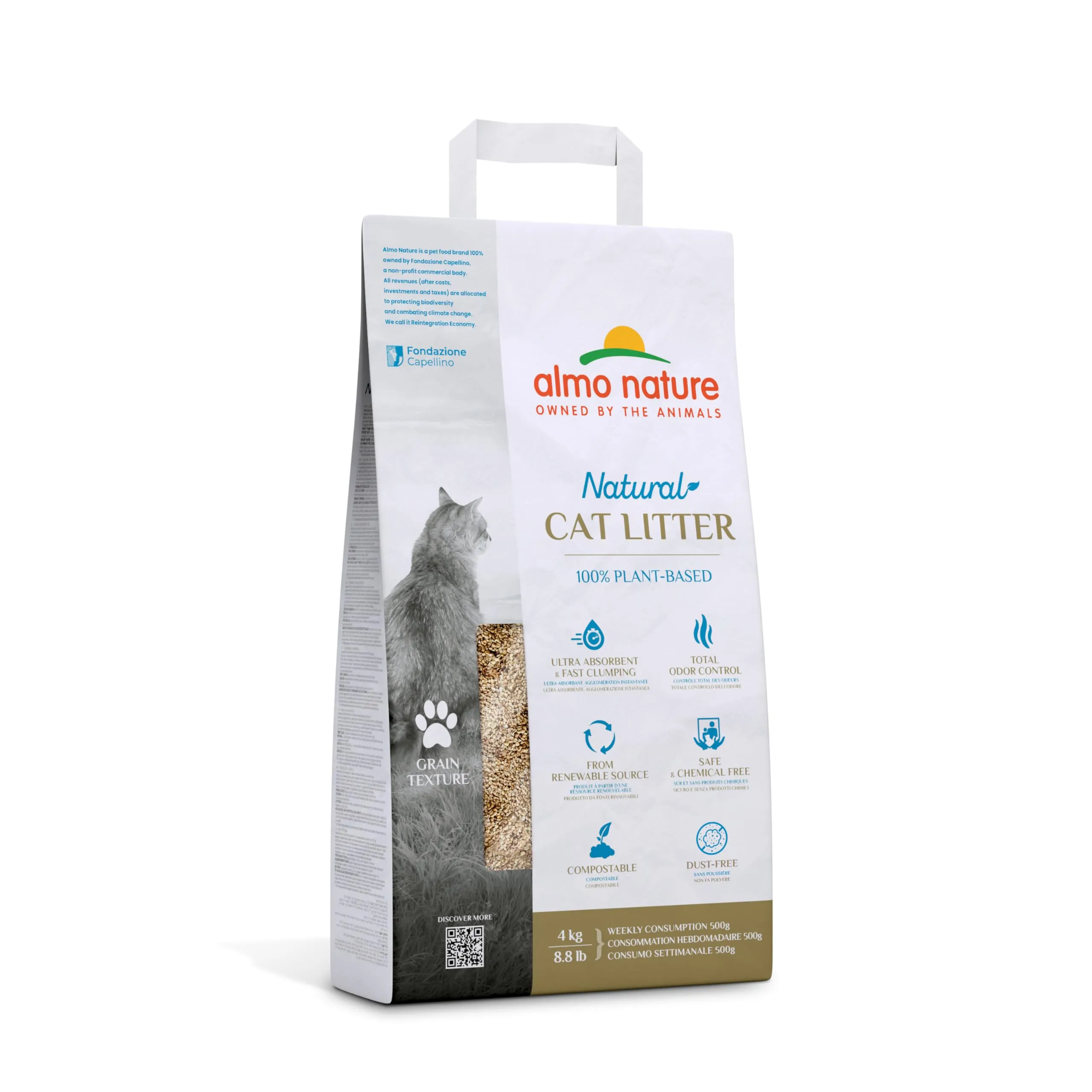 Almo Nature Grain Texture | Lettiera per Gatti 100% Vegetale, Biodegradabile e Compostabile - Agglomerante, Assorbente, No Odori, Non si Attacca al Pelo - 4kg - immagine 1