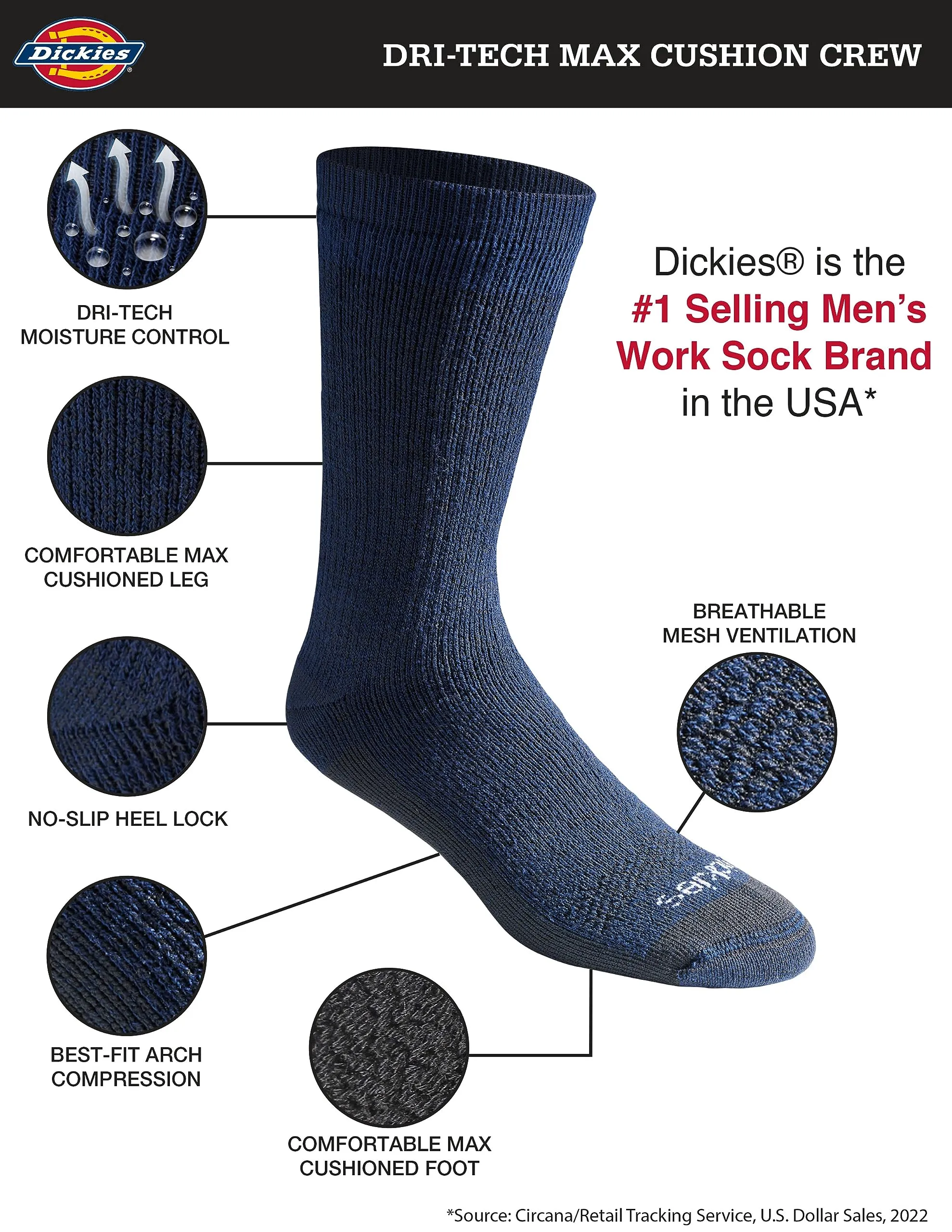 Dickies Dri-Tech Moisture Control Crew Calzini da uomo (confezione da 18), 3.0 Full Cushion Navy Marl (6 paia), Shoe Size: 6-12 - immagine 3