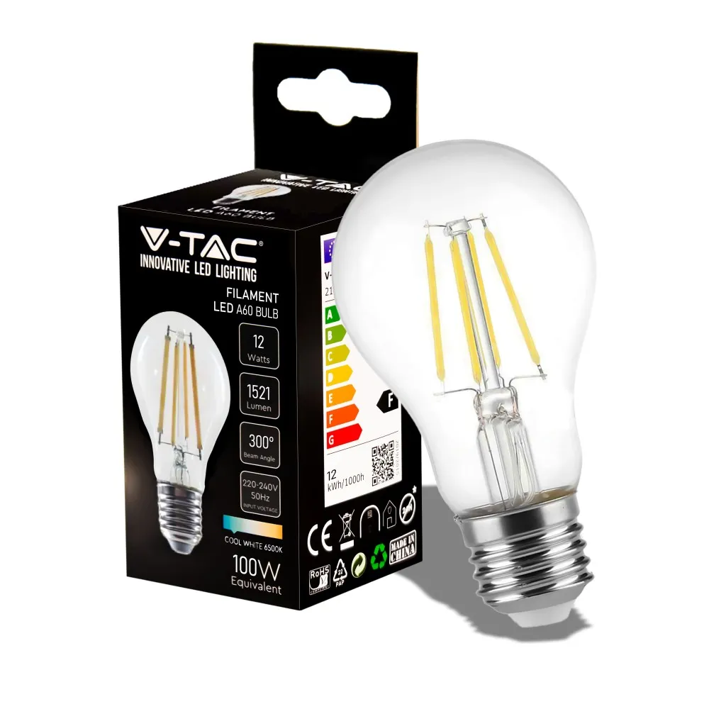 V-TAC Lampadina LED E27 12W 125LM/W A70 Filamento 6500K - immagine 1