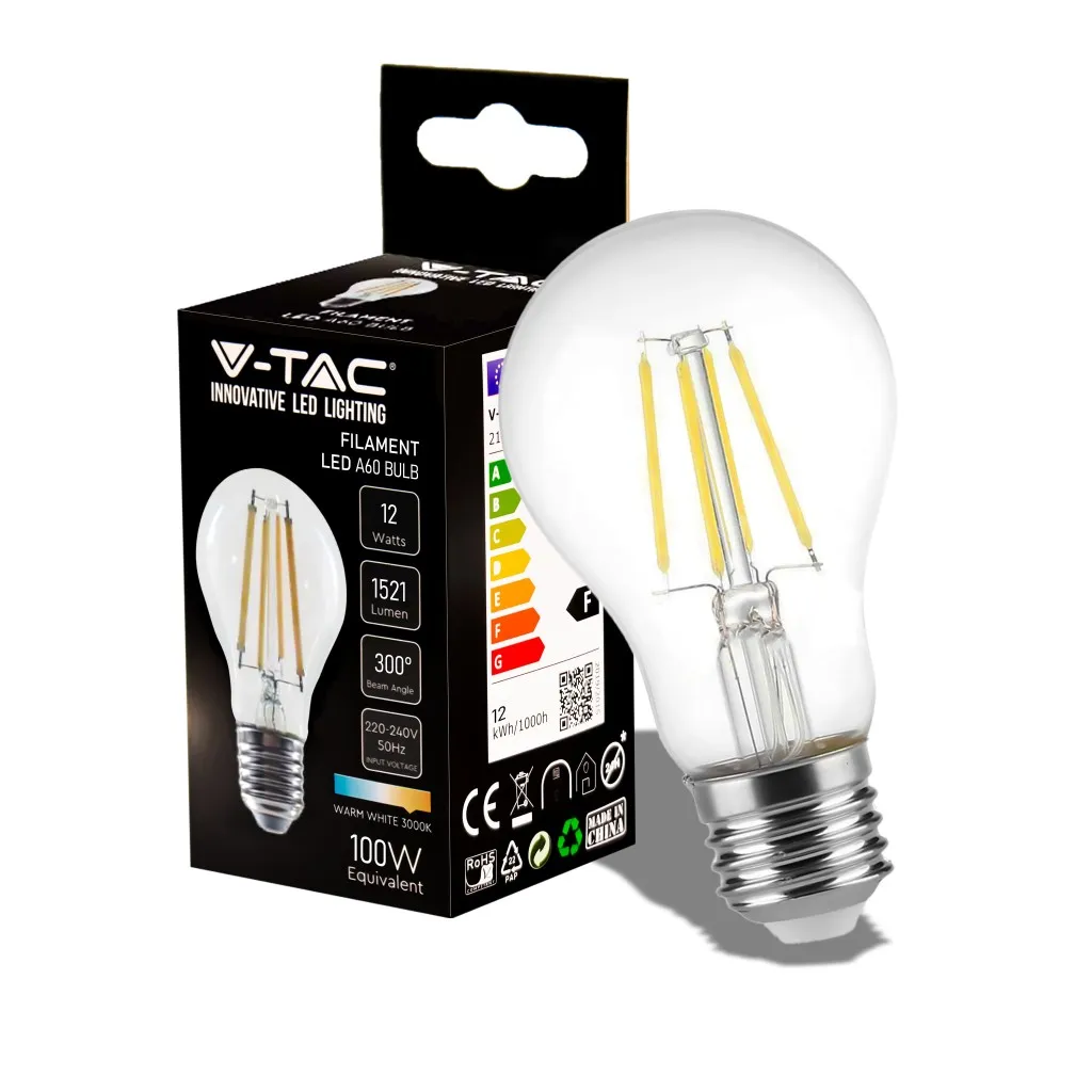 V-TAC Lampadina LED E27 12W 125LM/W A60 Filamento 3000K - immagine 1