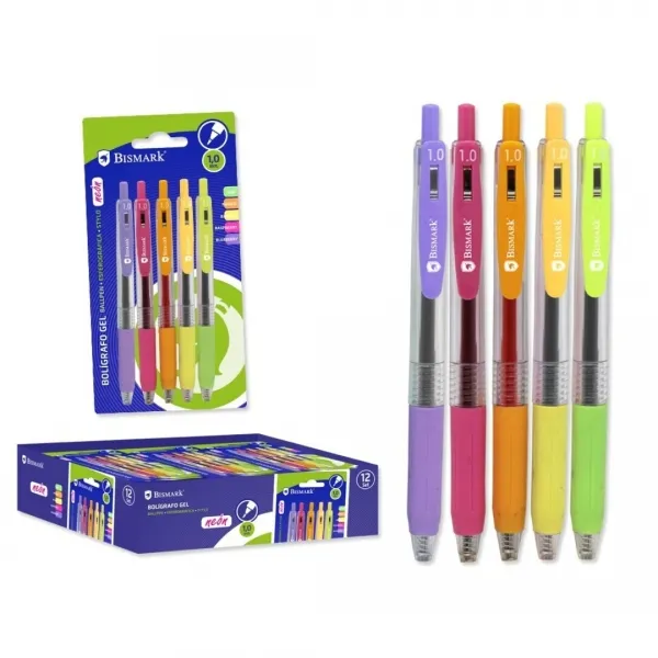 Confezione da 5 penne a inchiostro gel retrattile Bismark - Punta da 10 mm - Scrittura fluida - Colori neon assortiti - immagine 1