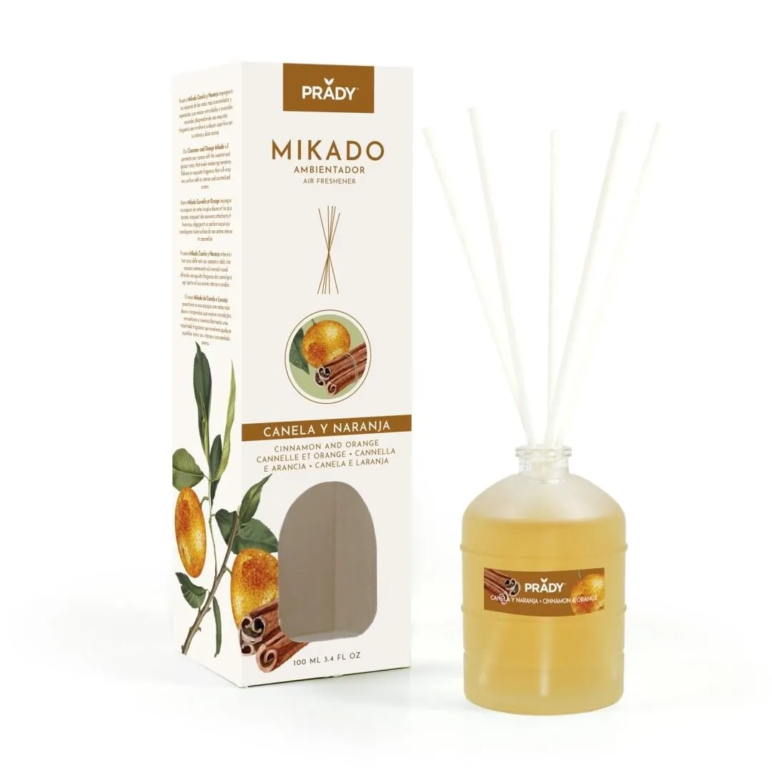 Prady Deodorante per ambienti Mikado cannella e arancia - Flacone in vetro da 100 ml e bacchette per diffusore - immagine 1