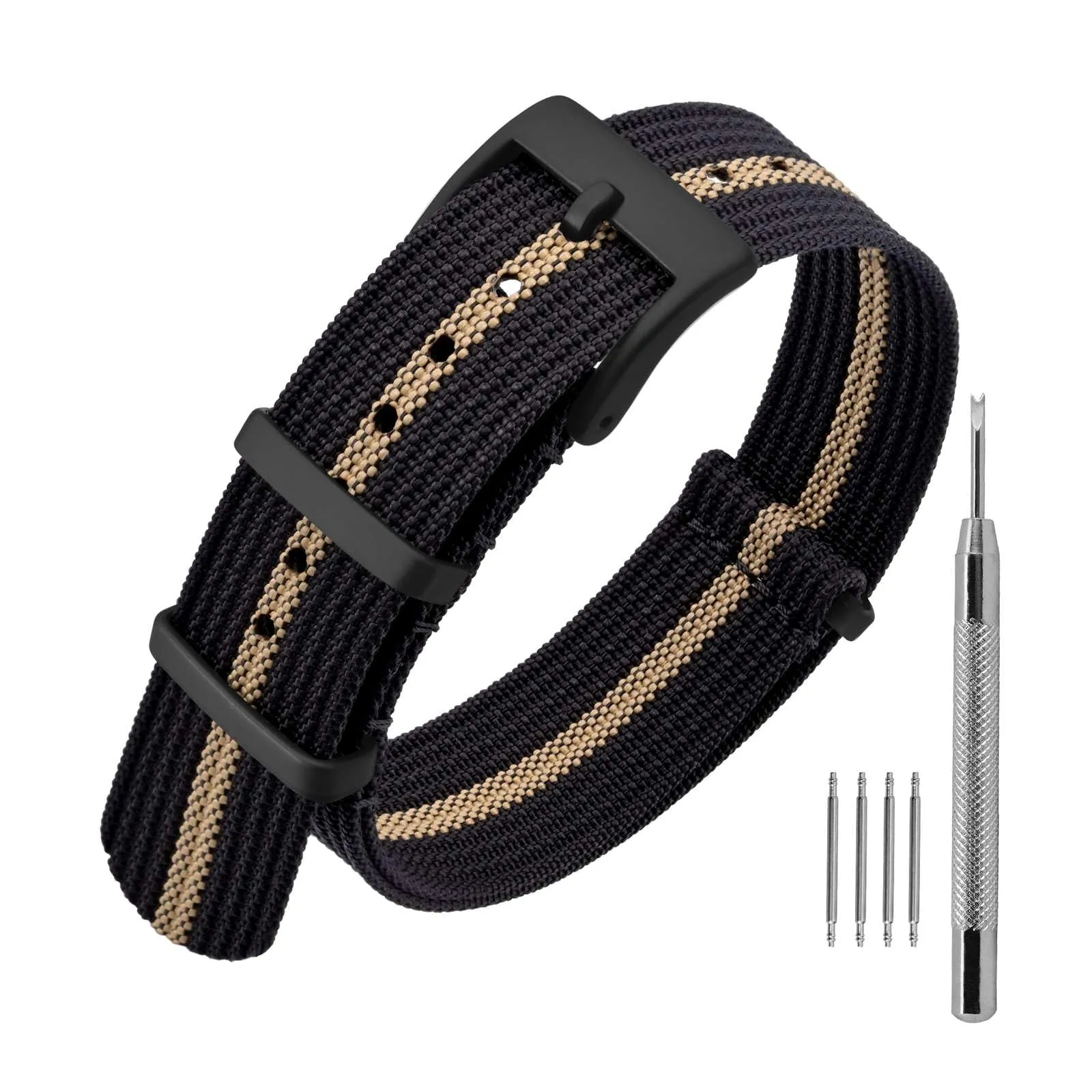 ANNEFIT Cinturino per Orologio in Nylon 18mm per Uomo e Donna con Fibbia Nera in Acciaio Inossidabile (Nero/Cachi) - immagine 1