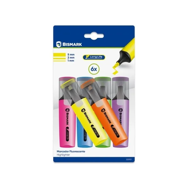 Confezione da 6 pennarelli fluorescenti al neon Bismark Long-Life - Inchiostro ad asciugatura rapida - Punta a scalpello - Ideali per sottolineare ed evidenziare - Design ergonomico - Elevata durata - immagine 1