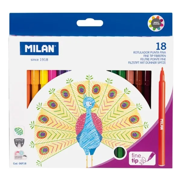 Pennarelli Milan confezione da 18 pezzi - Inchiostro a base d'acqua - Punta fine da 2 mm - 154 mm - Colori assortiti - immagine 1