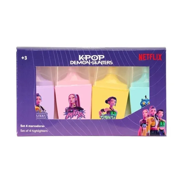 Safta K-Pop Demon Hunters - Confezione da 4 pennarelli fluorescenti - Punta a scalpello - Colori assortiti - immagine 1