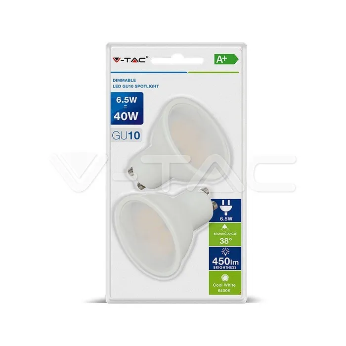 V-TAC VT-2107 Confezione 2 faretti LED GU10 6W - Bianco freddo 6400K - SKU 7305 - immagine 1