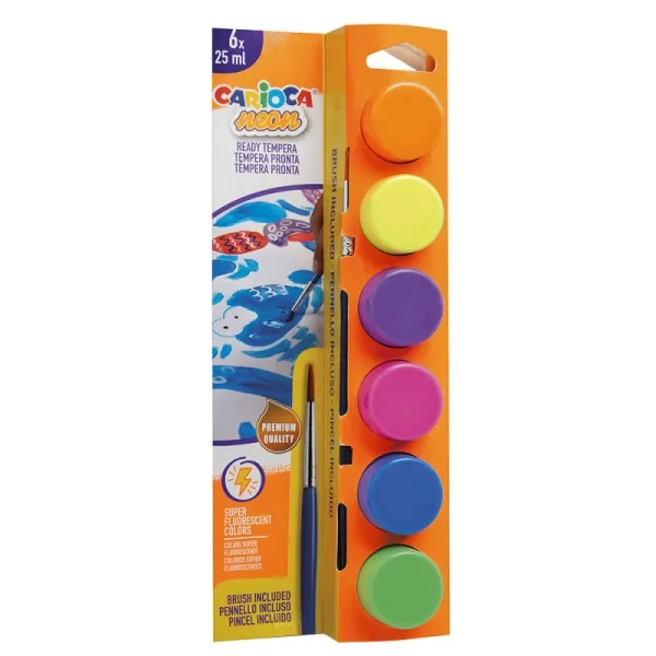 Carioca Neon Confezione da 6 Tempere in Flaconi da 25 ml + Pennello - Super Lavabili - Miscelabili - Colori Neon Assortiti - immagine 1