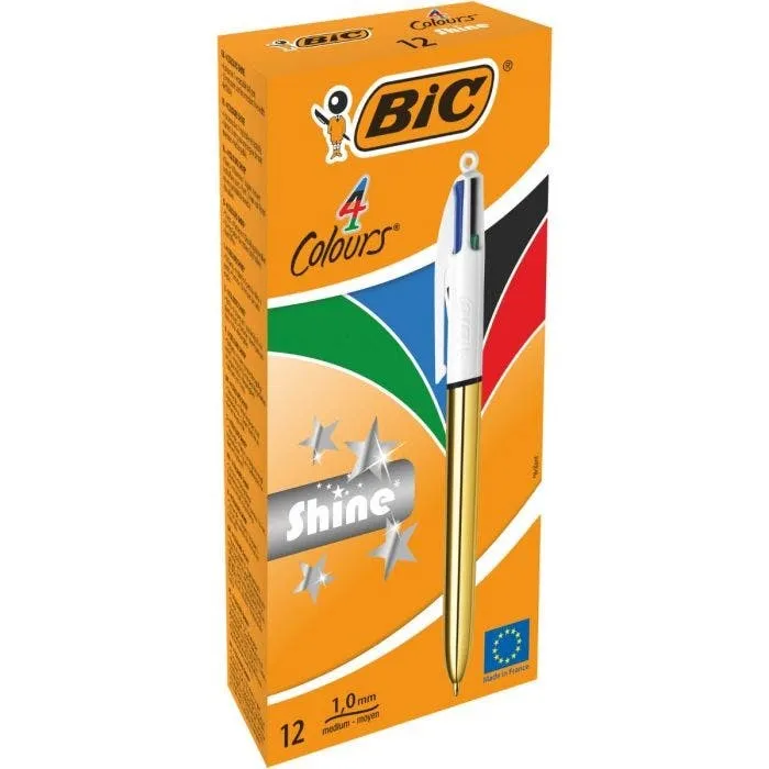Penna a sfera retrattile Bic 4 Colours Shine - Punta 1 mm - Corsa 04 mm - Inchiostro a base di olio - Fusto oro/bianco - 4 colori - immagine 1