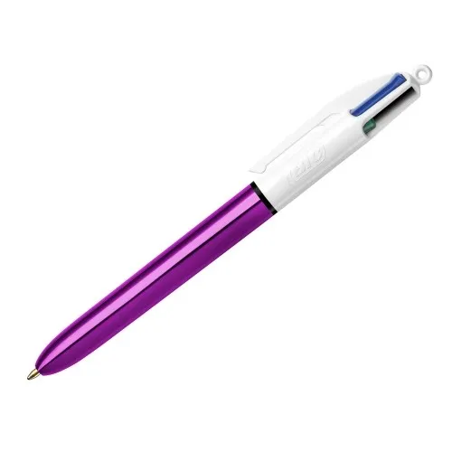 Penna a sfera a scatto Bic 4 Colours Shine - Punta da 1 mm - Corsa da 04 mm - Inchiostro a base di olio - Fusto viola metallizzato/bianco - 4 colori - immagine 1