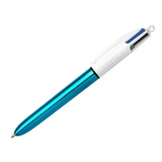 Penna a sfera a scatto Bic 4 Colours Shine - Punta da 1 mm - Corsa 04 mm - Inchiostro a base di olio - Fusto blu metallizzato/bianco - 4 colori - immagine 1