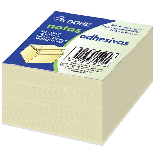Cubo Dohe da 400 foglietti riposizionabili - Dimensioni 75x75 mm - Carta da 75 gr - Ideale per ufficio e scuola - Colore giallo chiaro - immagine 1