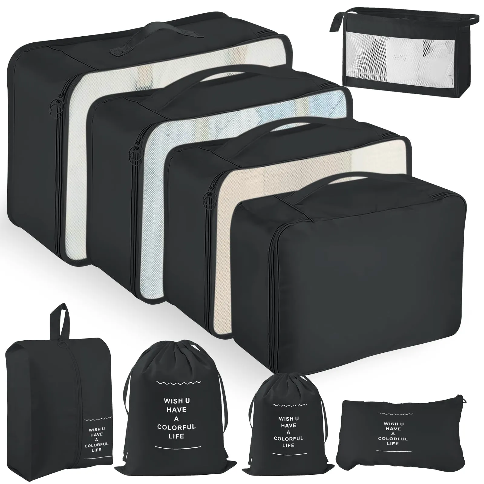 YAMAIDUO Organizer Valigia, 9 Pezzi Packing Cubes, Organizer Viaggio Salvaspazio, Travel Kit per Vacanze e Viaggi, Viaggio Accessori Utili per Cosmetici Abbigliamento Intimo Vestiti Borse, Nero - immagine 1