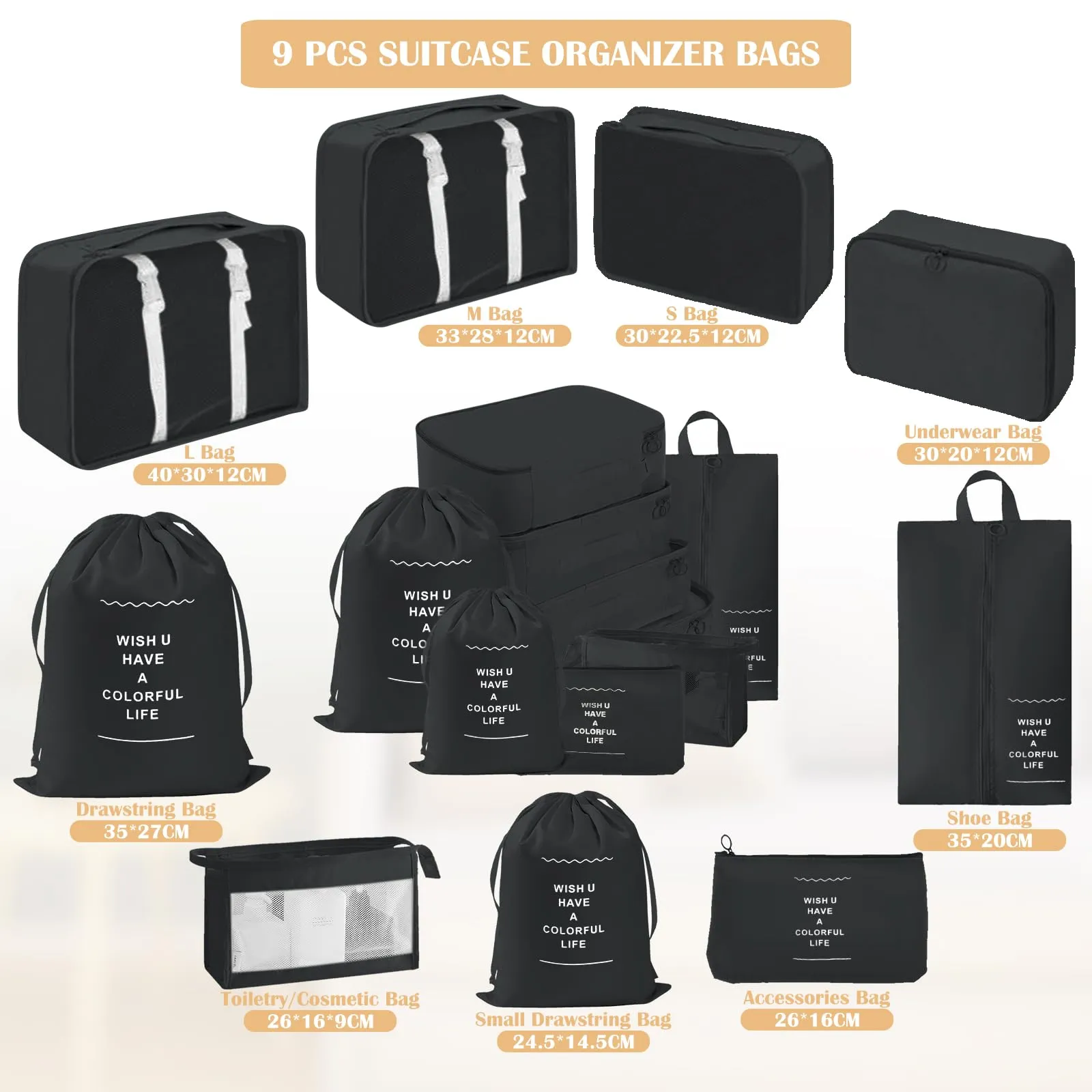 YAMAIDUO Organizer Valigia, 9 Pezzi Packing Cubes, Organizer Viaggio Salvaspazio, Travel Kit per Vacanze e Viaggi, Viaggio Accessori Utili per Cosmetici Abbigliamento Intimo Vestiti Borse, Nero - immagine 2