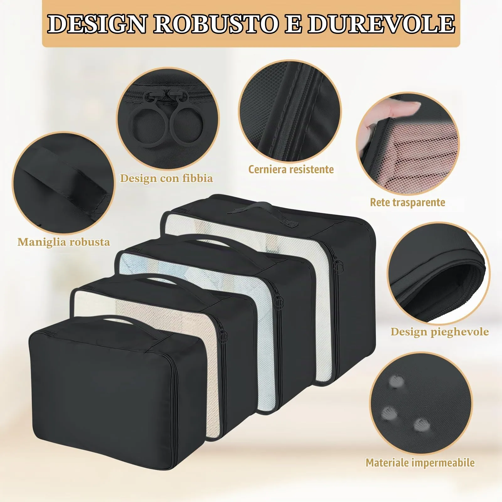 YAMAIDUO Organizer Valigia, 9 Pezzi Packing Cubes, Organizer Viaggio Salvaspazio, Travel Kit per Vacanze e Viaggi, Viaggio Accessori Utili per Cosmetici Abbigliamento Intimo Vestiti Borse, Nero - immagine 3