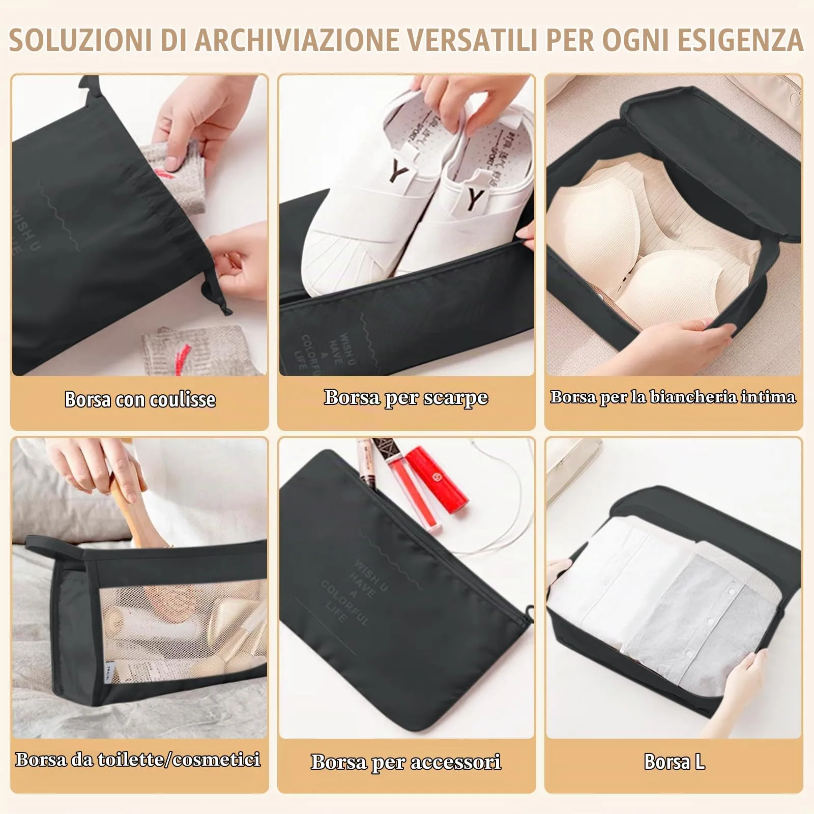 YAMAIDUO Organizer Valigia, 9 Pezzi Packing Cubes, Organizer Viaggio Salvaspazio, Travel Kit per Vacanze e Viaggi, Viaggio Accessori Utili per Cosmetici Abbigliamento Intimo Vestiti Borse, Nero - immagine 4