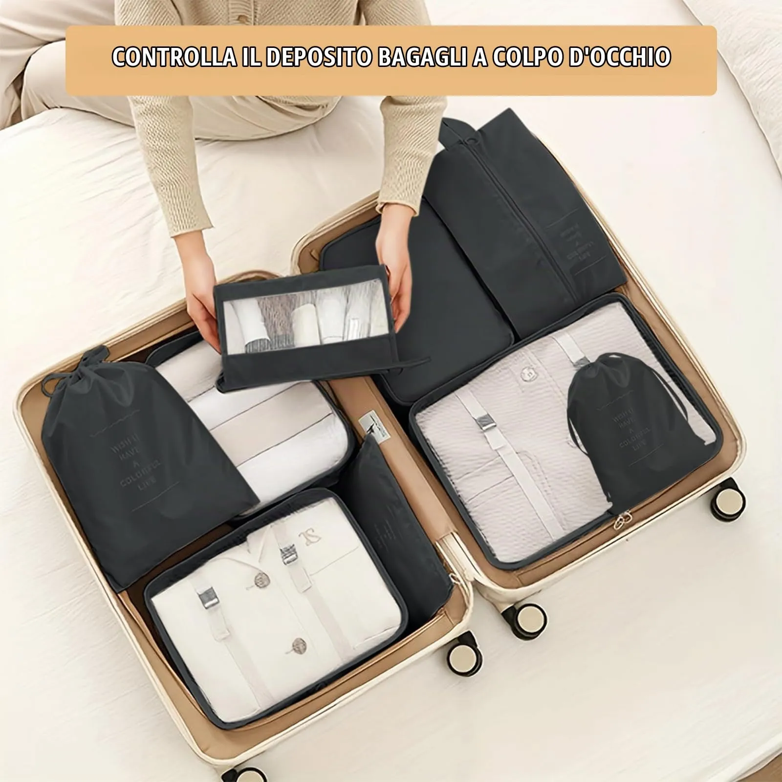 YAMAIDUO Organizer Valigia, 9 Pezzi Packing Cubes, Organizer Viaggio Salvaspazio, Travel Kit per Vacanze e Viaggi, Viaggio Accessori Utili per Cosmetici Abbigliamento Intimo Vestiti Borse, Nero - immagine 5