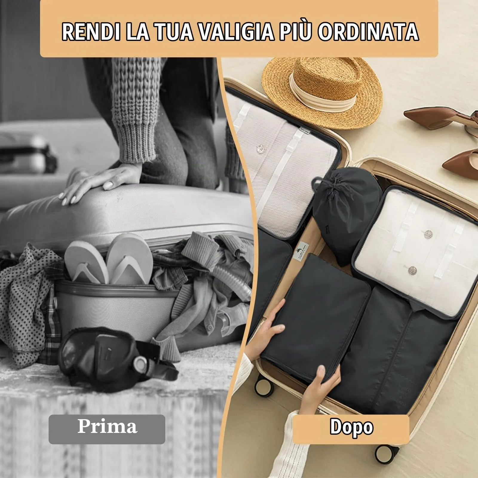 YAMAIDUO Organizer Valigia, 9 Pezzi Packing Cubes, Organizer Viaggio Salvaspazio, Travel Kit per Vacanze e Viaggi, Viaggio Accessori Utili per Cosmetici Abbigliamento Intimo Vestiti Borse, Nero - immagine 6
